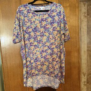 LuLaRoe Irma, Size Large, Colors of Blue, Pink, yellow & rust/red flower design